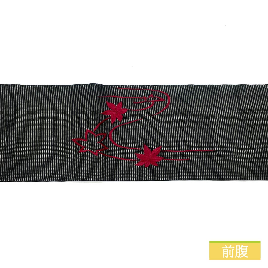 Nagoya Obi, Pure Silk, Summer Obi, Autumn Leaves Embroidery, Obi Length 367cm, S Rank, Point Pattern, Semi-Formal, Black, 1124006752310, Nagoya Made