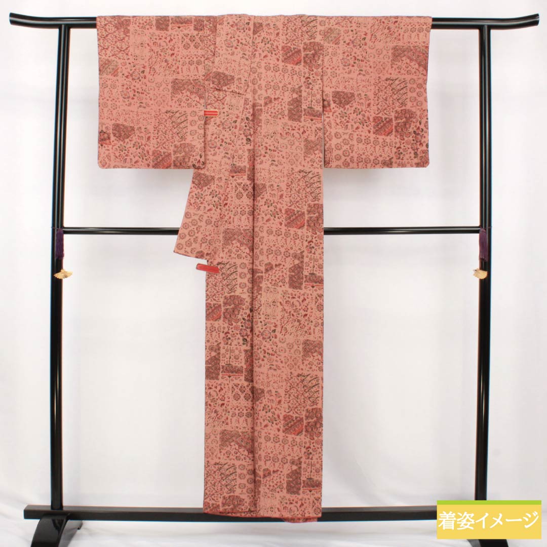 小紋 正絹 Sランク 身丈153.5cm 裄丈63.5cm 袷 緋褪色（ひさめいろ） 更紗 朱系 1115007532216