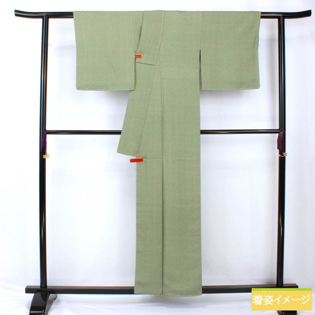 小紋 正絹 身丈157cm 裄丈62cm 袷 岩井茶色（いわいちゃいろ） 型染 江戸小紋 麻の葉模様 しつけ糸付き Aランク 緑系 1115005323319