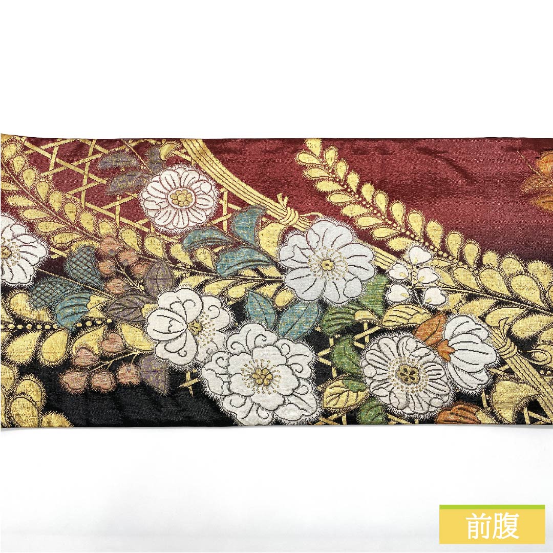 Fukuro Obi, pure silk, dark red (Angelic red), for furisode, Tsujigahana, obi length 448cm, S rank, six-pass, formal, gradation style, 1123013682399