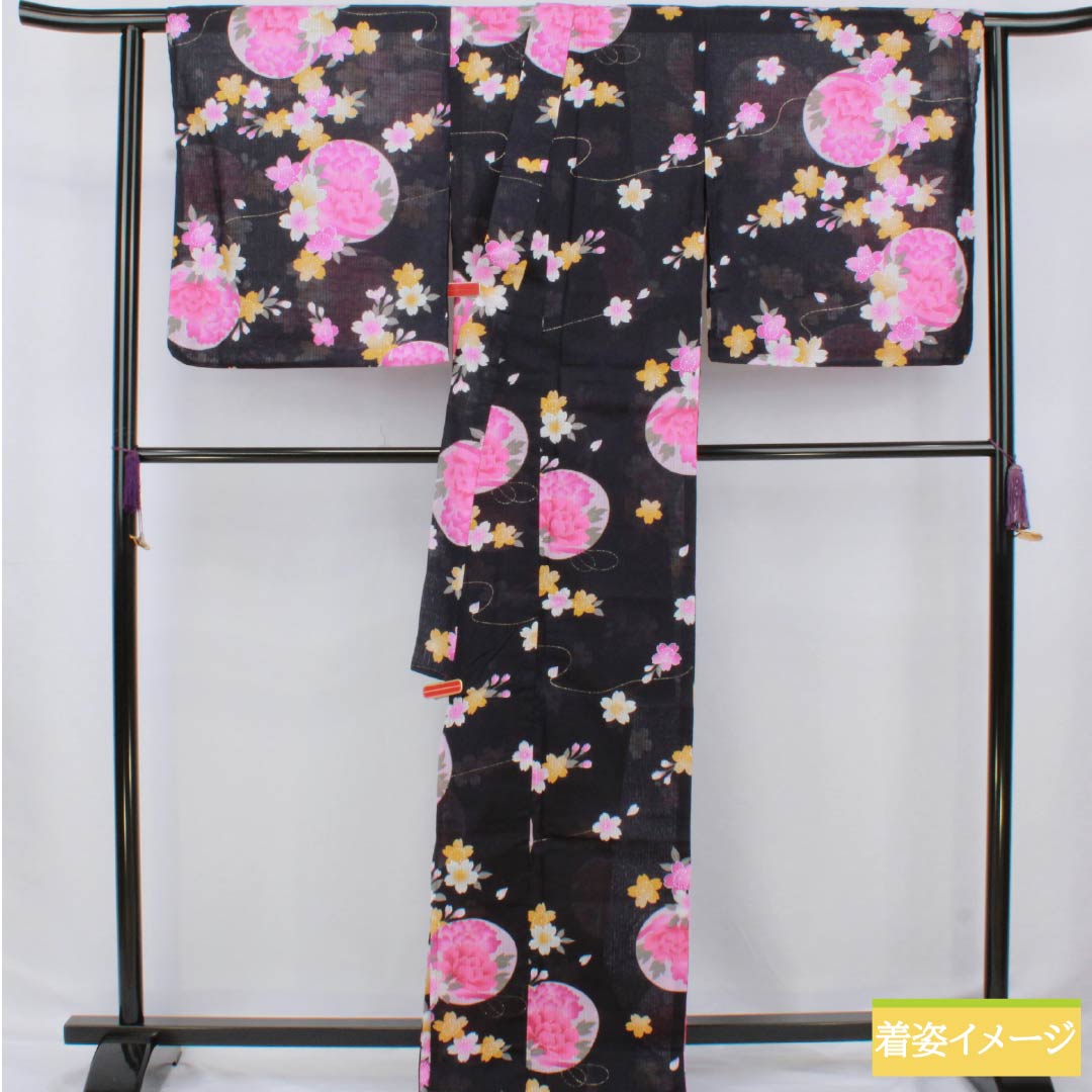 浴衣 木綿 身丈178.5cm 裄丈69cm Sランク 単衣 紺系 褐色（かちいろ） 花 桜 1118006712818