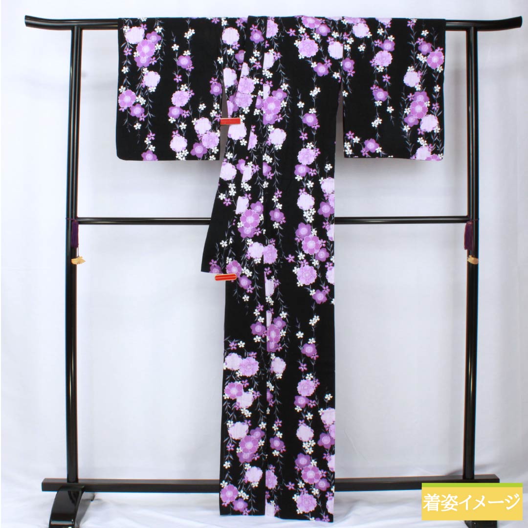 Cotton-linen Yukata, Length 165cm, Sleeve Length 69cm, Rank A, Single-Layer, Black, Weeping Cherry Blossom Pattern, Cotton-linen, 1118006043510