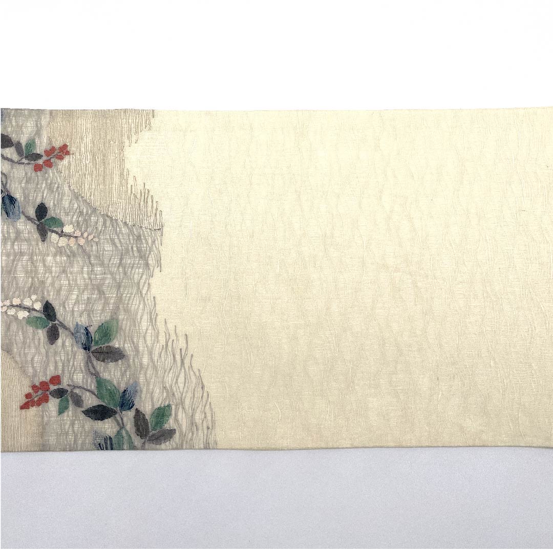 Fukuro Obi (sash) in off-white, summer obi with floral pattern, summer wear, obi length 442cm, pure silk, A rank, point pattern, casual, cream color, 1123007753315