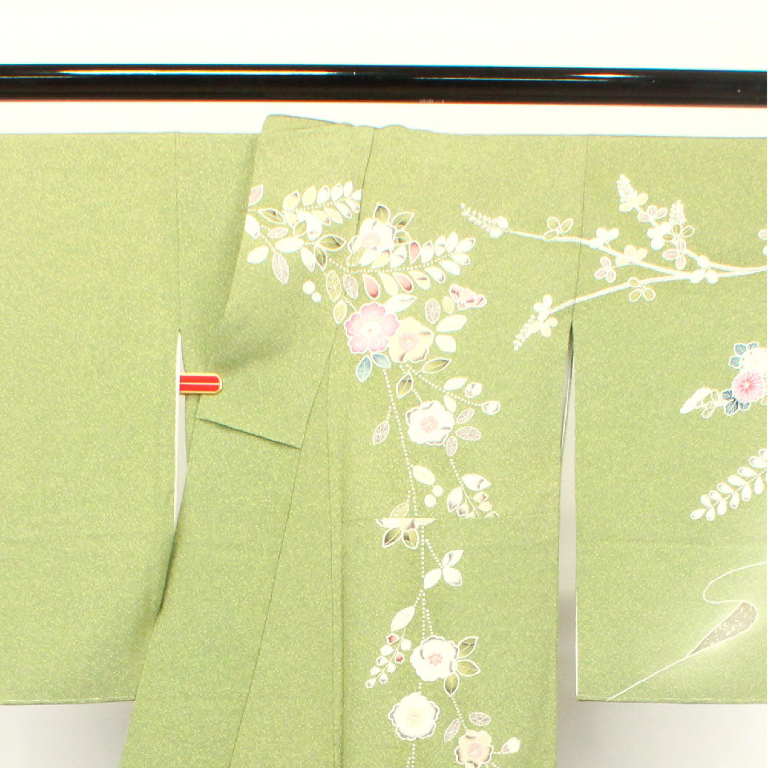 訪問着 正絹 袷 身丈163cm 裄丈65cm 根岸色（ねぎしいろ） 草花模様 しつけ糸付き Sランク 緑系 1112002222419