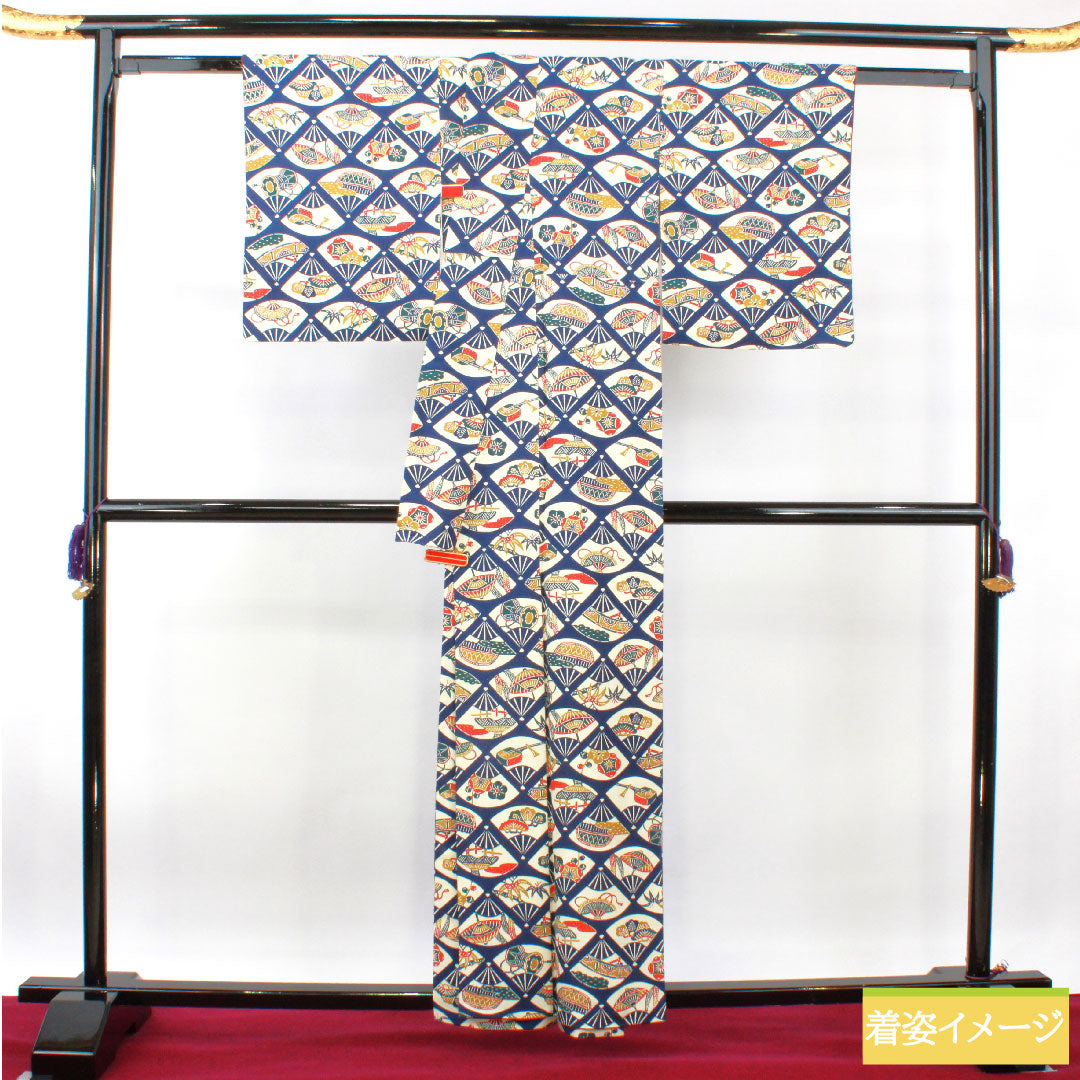 Komon, pure silk, length 159cm, sleeve length 62.5cm, lined, dark blue, stencil dyeing, auspicious motif, pongee fabric, A rank, navy blue, 1115004073318