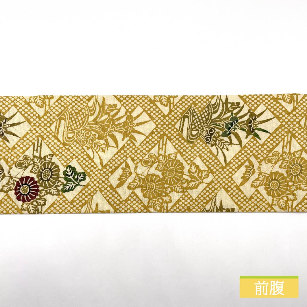 Nagoya obi, gold (kanairo), artist work, Kuriyama Kobo, Japanese dyed red pattern, obi length 392cm, pure silk, A rank, six-pass, casual, beige, 1124008253425, Nagoya tailoring