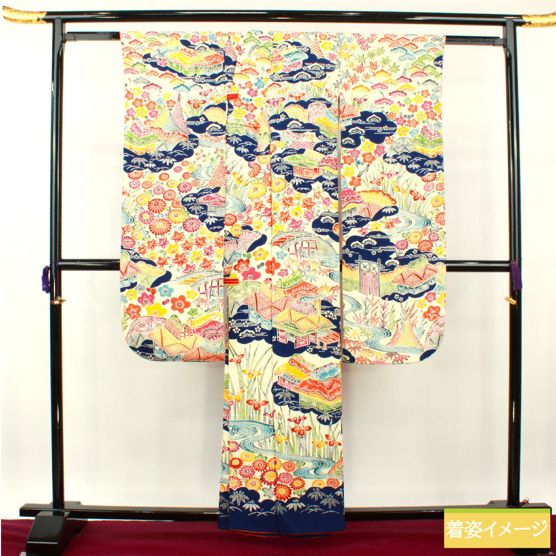 振袖 正絹 身丈160cm 裄丈64.5cm 袷 乳白色（にゅうはくしょく） 京紅型 吉祥文様 Sランク クリーム系 1113002032415