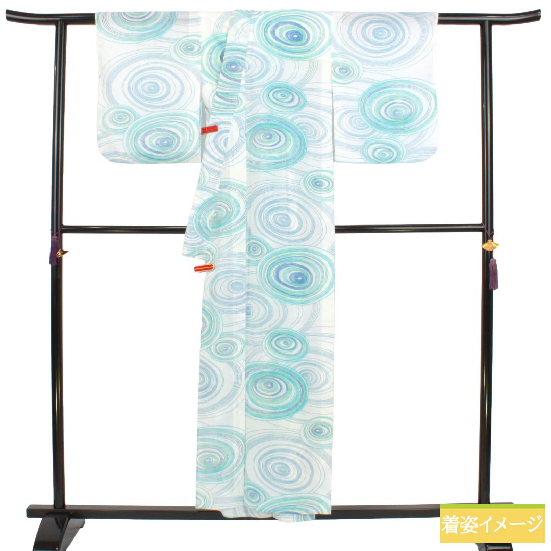 浴衣 木綿 Bランク 身丈154cm 裄丈65cm 白色 波 型染 単衣 白系 1118007034211