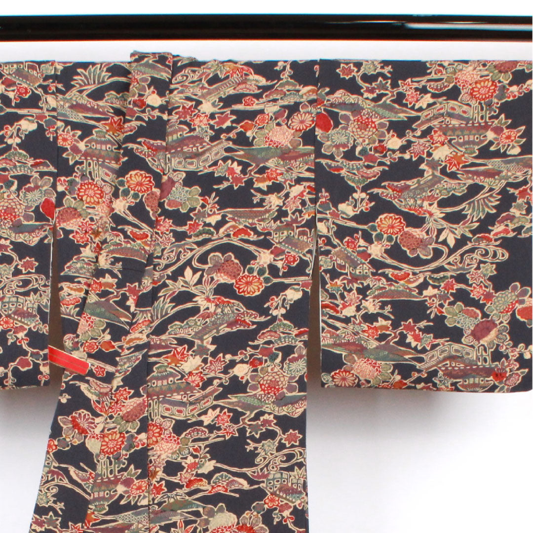 Small pattern, Length 154.5cm, Sleeve length 60.5cm, Lined, Blue-brown, Stencil dyeing, Floral pattern, Pure silk, A rank, Navy blue, 1115002293218