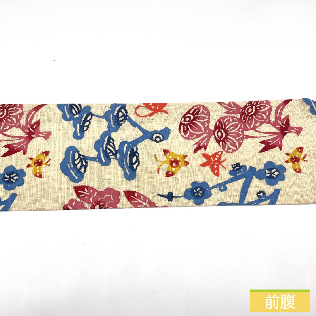Nagoya Obi, Pure Silk, S-Rank, Natural Color (Kinari-iro), Stencil-Dyed, Tsumugi Fabric, Bingata Style, Length 369cm, Six-Ply, Casual, Cream-Tone, Product Number 1124009692315, Nagoya Style