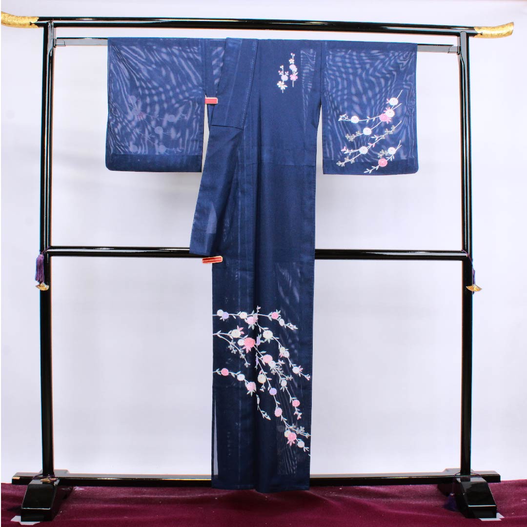 Summer polyester formal kimono, length 156.5cm, sleeve length 65cm, dark blue, chrysanthemum, silk, S rank, navy blue, 1132000102318