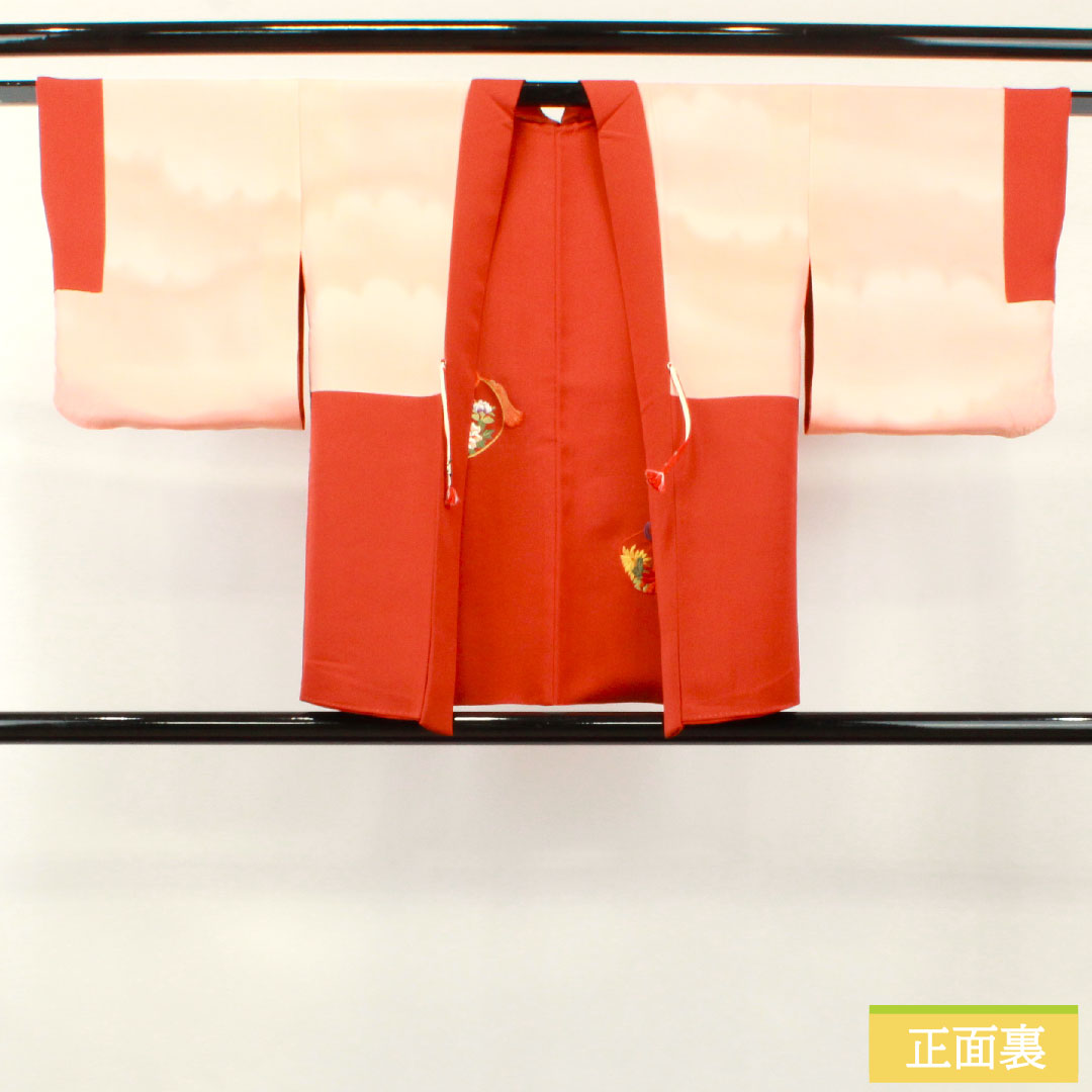 Haori (Japanese traditional coat) made of pure silk, length 73.5cm, sleeve length 60.5cm, scarlet, embroidery, rank S, lined, vermilion, 1117000962916