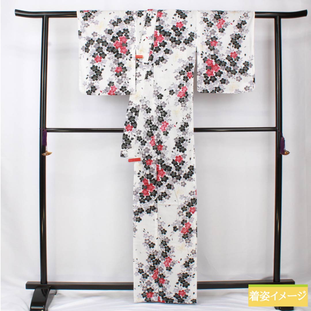 浴衣 木綿 身丈165.5cm 裄丈63.5cm Sランク 単衣 白系 桜 蝶 ラメ 1118006102511