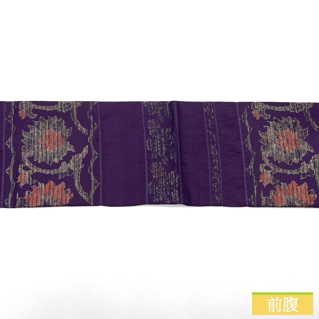 Nagoya Obi, Eggplant Navy Blue (Nasukon Iro), Puffed Weave, Chinese Flower Pattern, Length 354cm, Pure Silk, S Rank, Six-Ply, Semi-Formal, Purple, Item Number 1124008872320, Nagoya Style