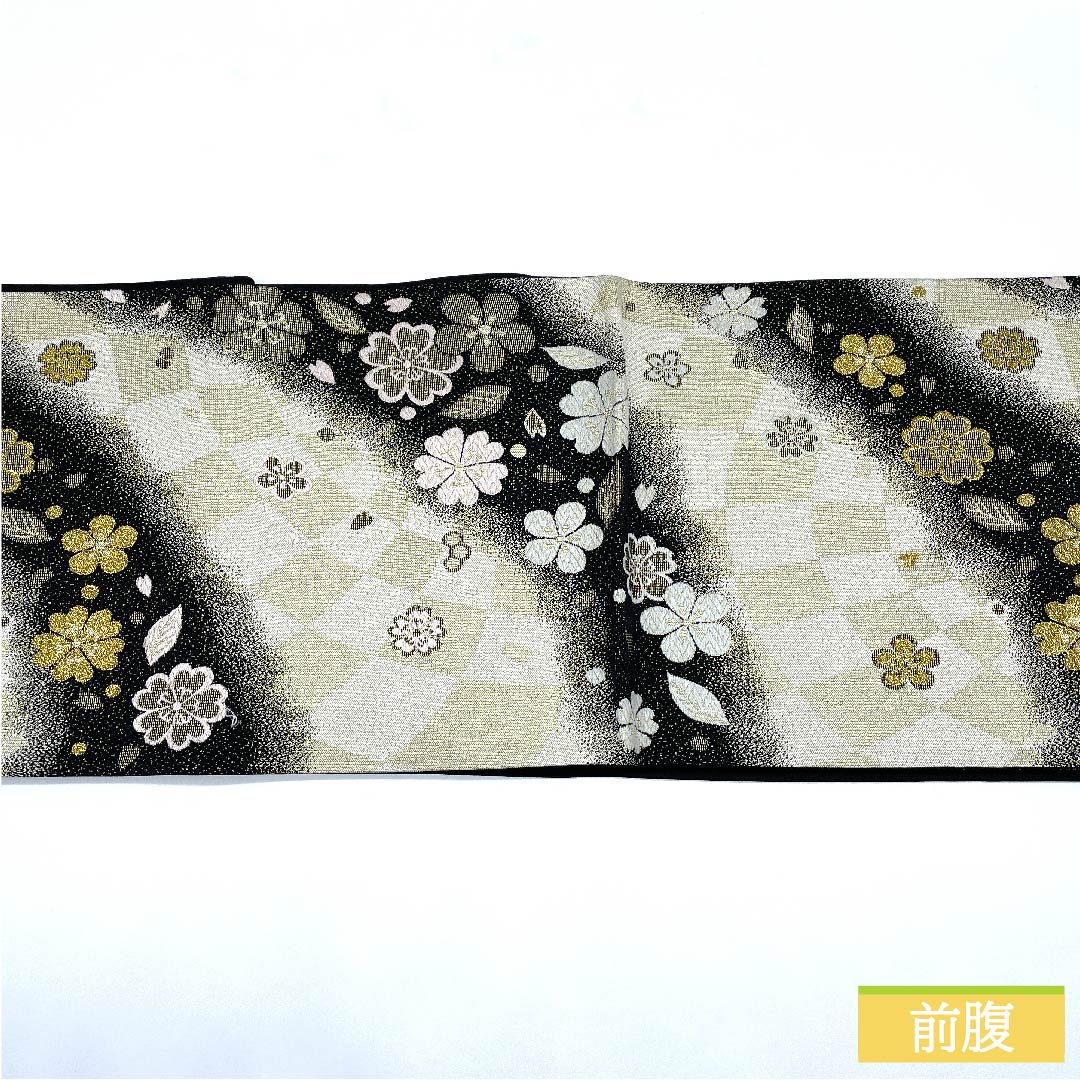 Fukuro Obi, pure silk, chalky white, cherry blossom, plum, checkered pattern, obi length 436cm, S rank, six-pass, formal, white, 1123011492311