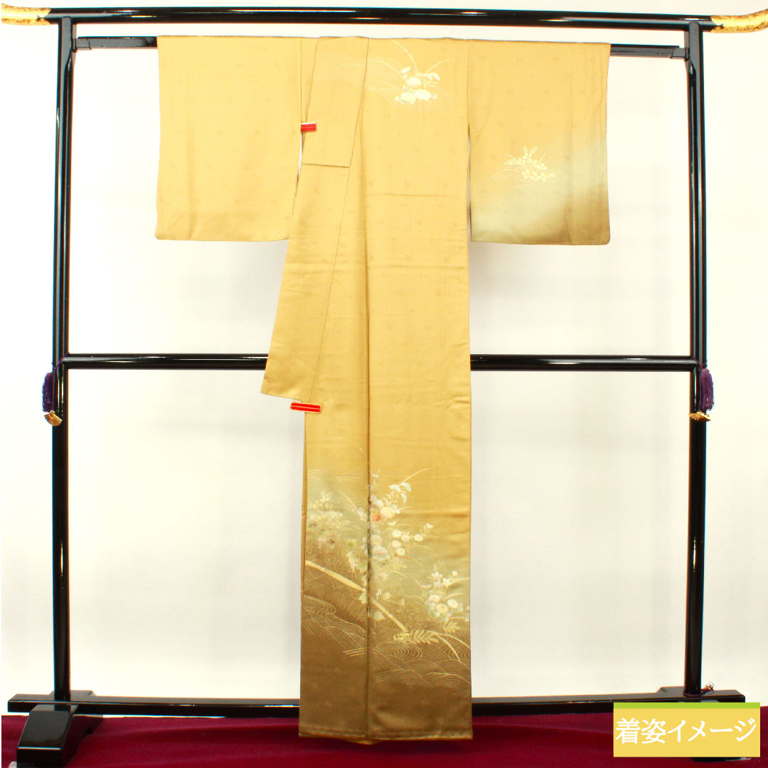 訪問着 袷 身丈162cm 裄丈65cm 唐金色 金彩加工 草花模様 正絹 Sランク 黄系 1112003922423