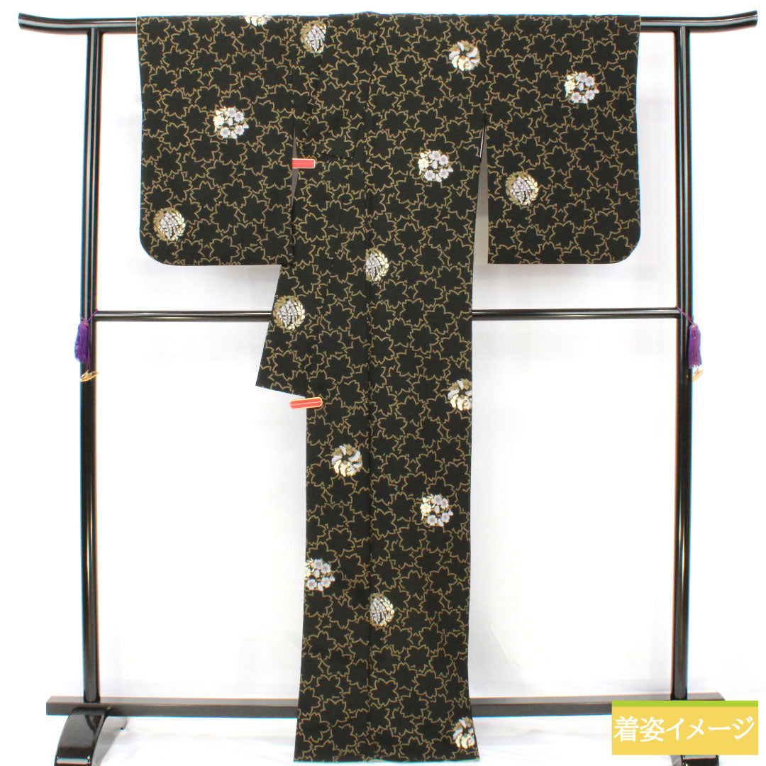 Small pattern, polyester, length 166.5cm, sleeve length 67cm, lined, washable kimono, cherry blossom, floral pattern, S rank, black, 1115004952510