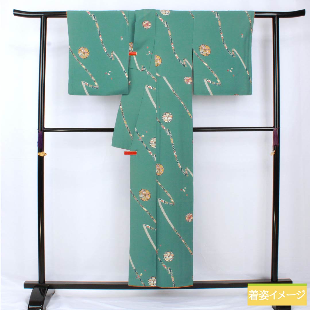 Komon, pure silk, length 152.5cm, sleeve length 64.5cm, lined, Yamaaizuuriiro (Yamaaizuri-iro), stencil dyeing, noshi (Japanese traditional wrapping paper), floral pattern, Scotchgard, B rank, green, 1115005484219