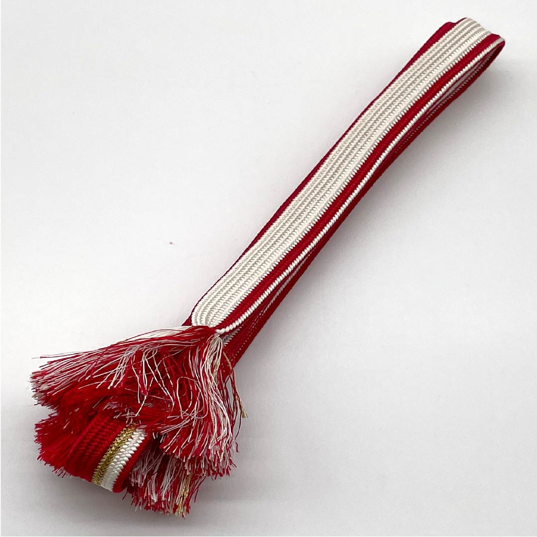 S-Rank Pure Silk Obijime (Sash Band) in Red (Akaiiro) with a Classic Checkered Pattern for Furisode Kimono (Long-Sleeved Kimono). Approximately 166cm Long and 2cm Wide. Formal. Red. Product Number: 1135004122312