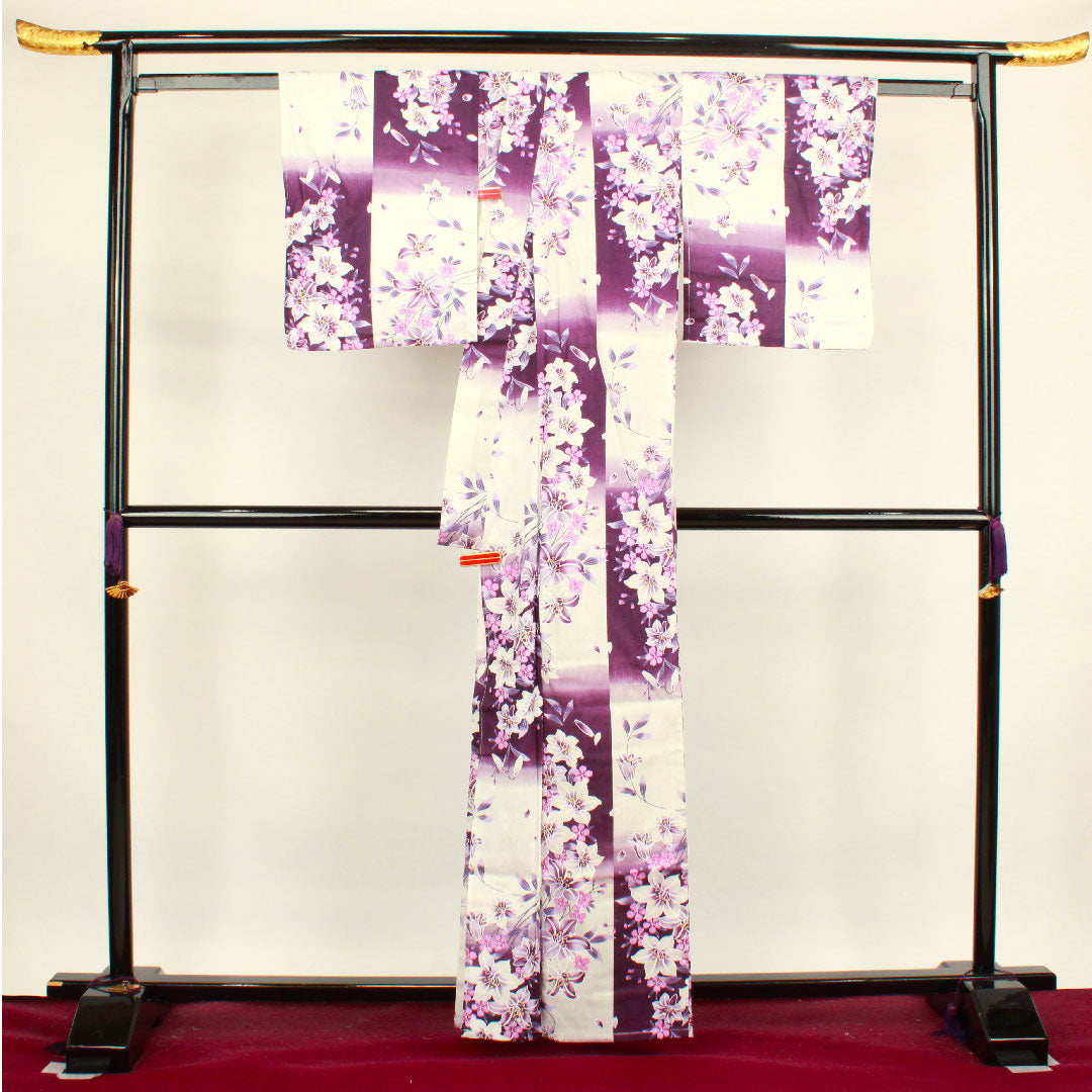 Yukata Checkered Floral Pattern Cotton S Rank Single Layer Length 162cm Sleeve Length 66.5cm White 1118001532411