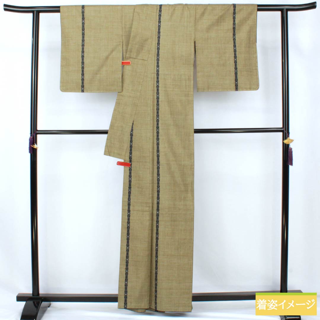 Silk Tsumugi (S-Rank) - Length 160.5cm, Sleeve Length 62cm, Kobichairo (Lustful Brown) - Authentic Oshima Tsumugi, Ichigen Kasuri Pattern, 7 Marks, Lined, Green, Product Number: 1116004522419