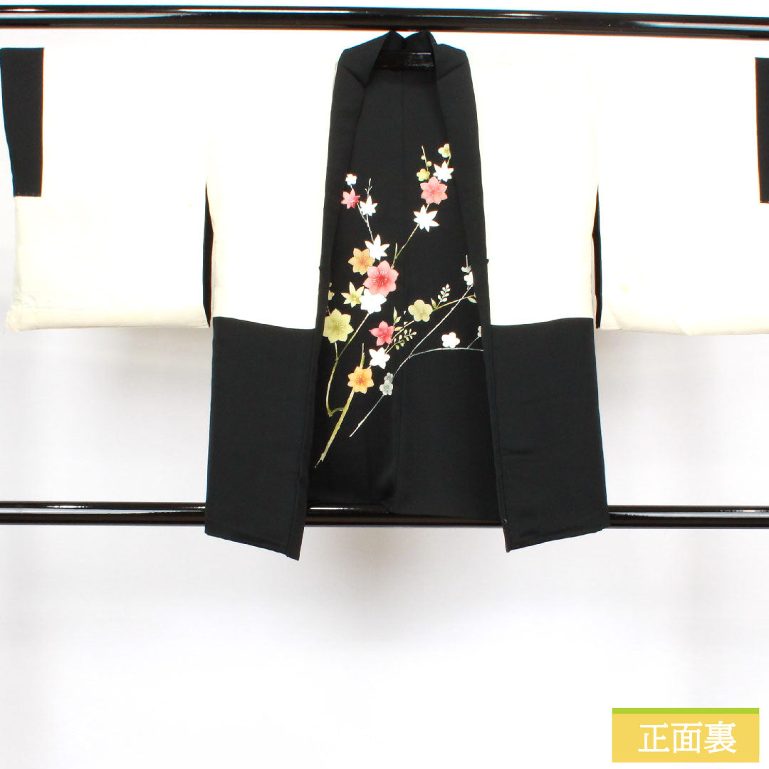 Haori, pure silk, length 78cm, sleeve length 64cm, black haori, Kyo-Yuzen, plum, autumn leaves, A rank, lined, black, 1117000793910