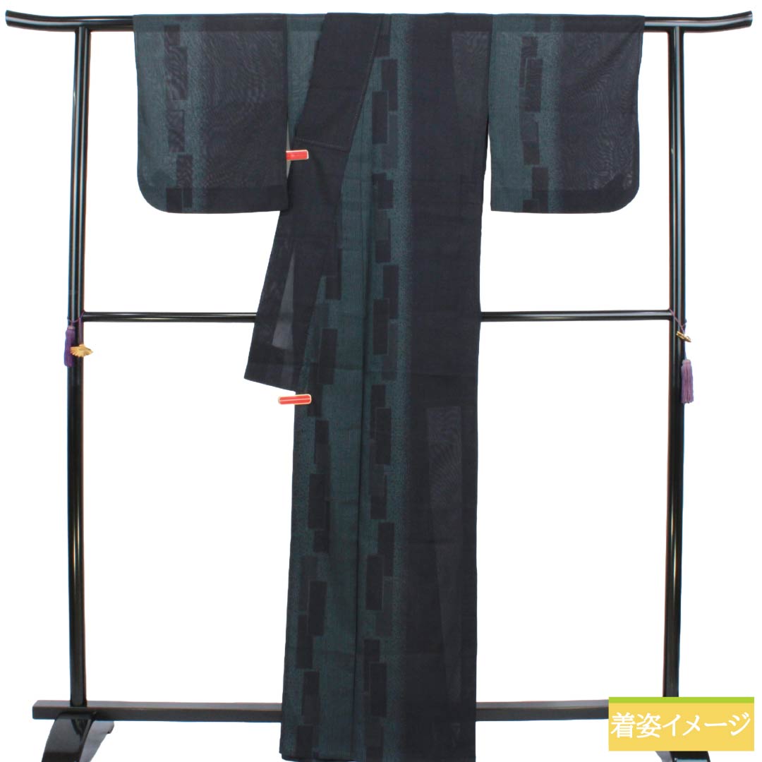 夏物 ポリエステル 小紋 Sランク 身丈165.5cm 裄丈67.5cm 幾何学模様 紗 黒系 1132004502510