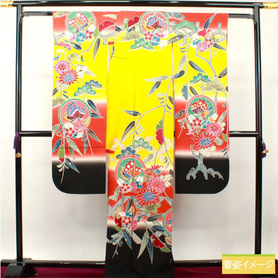 振袖 正絹 身丈165.5cm 裄丈65cm 袷  向日葵色 京紅型 吉祥文様  Sランク 黄系 1113001872523