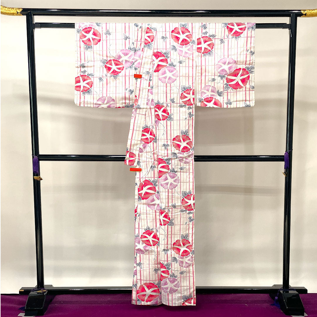 浴衣 朝顔 格子 木綿 Sランク 単衣 身丈162.5cm 裄丈65cm 白系 1118001512411