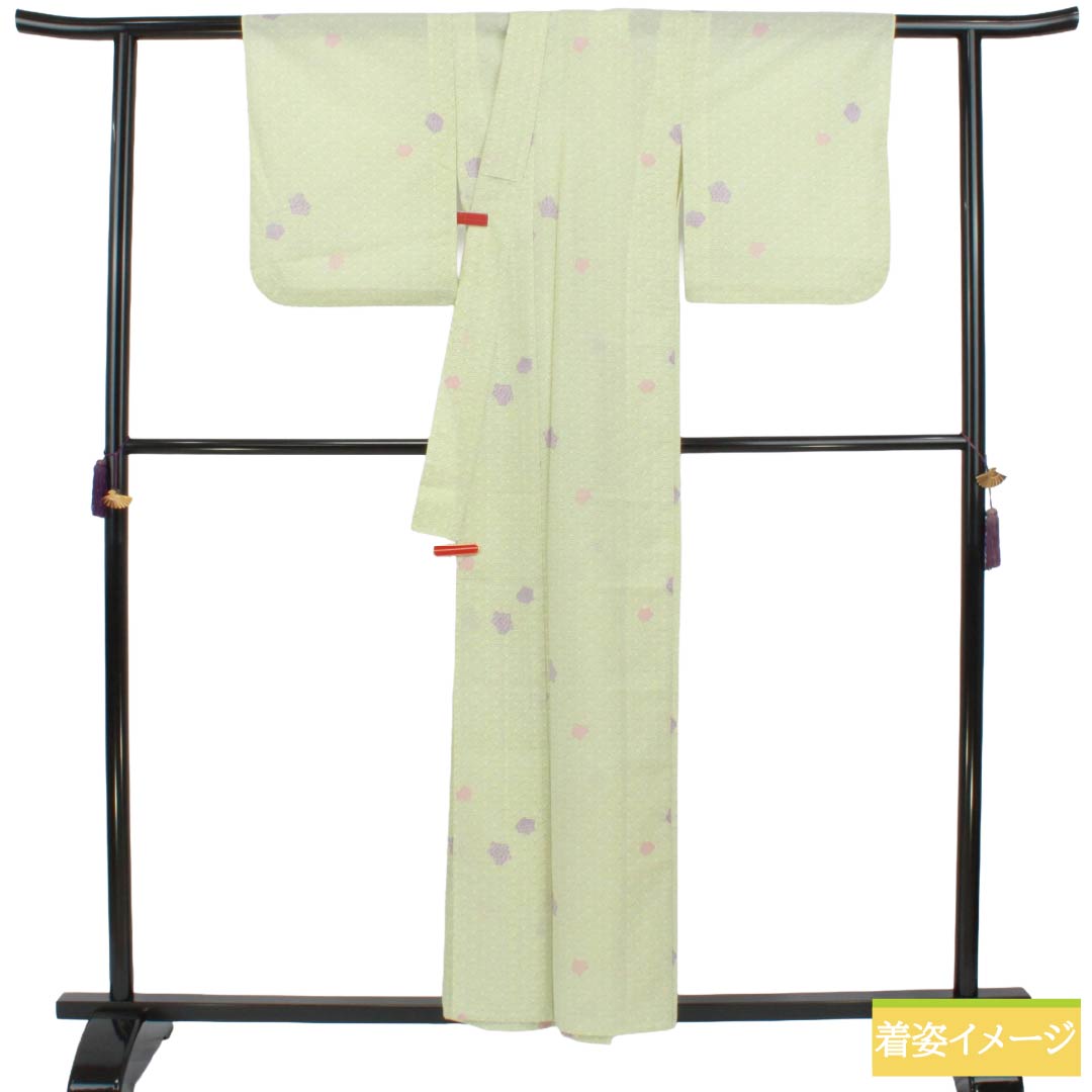 夏物 ポリエステル 小紋 Sランク 身丈156.5cm 裄丈62.5cm 硫黄色（いおういろ） 青海波 抽象模様 洗える着物 絽 緑系 1132003412319