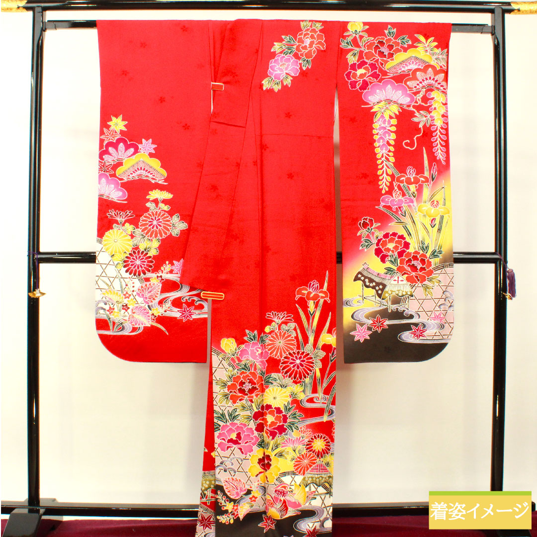振袖 正絹 身丈164.5cm 裄丈69cm 袷 土耳古赤色（とるこあかいろ） 京紅型 吉祥文様 Sランク 赤系 1113002072412