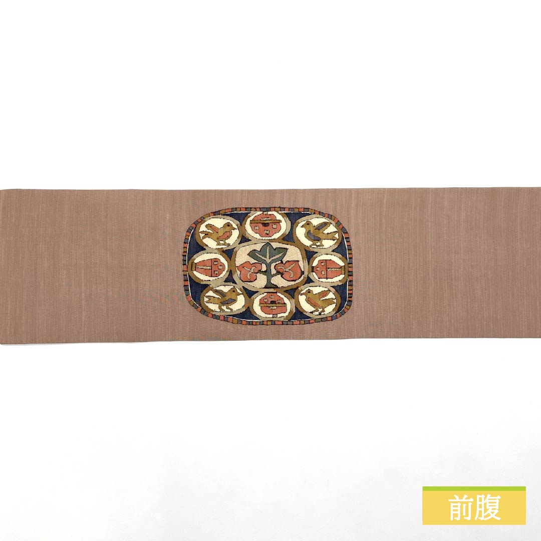Nagoya obi, Saga gray, Tsuzure weave, Inca bird, obi length 366cm, pure silk, S rank, point pattern, casual, brown, 1124007552314, Nagoya style