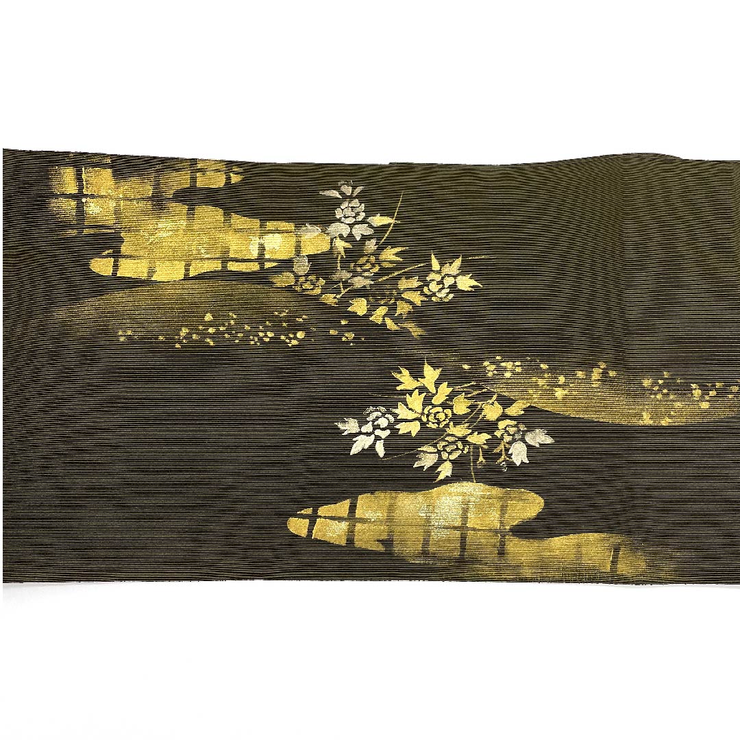 Nagoya obi, black oak color, floral pattern, artist's work, obi length 366cm, pure silk, A rank, point pattern, semi-formal, green, 1124003813319, open style