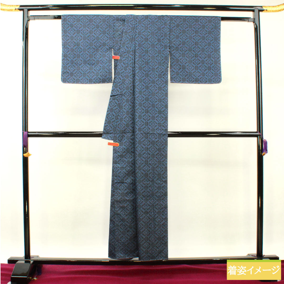 村山大島 正絹 身丈153cm 裄丈63cm  抽象模様 しつけ糸付き 未使用品 Sランク 袷 紺系 1116003162218
