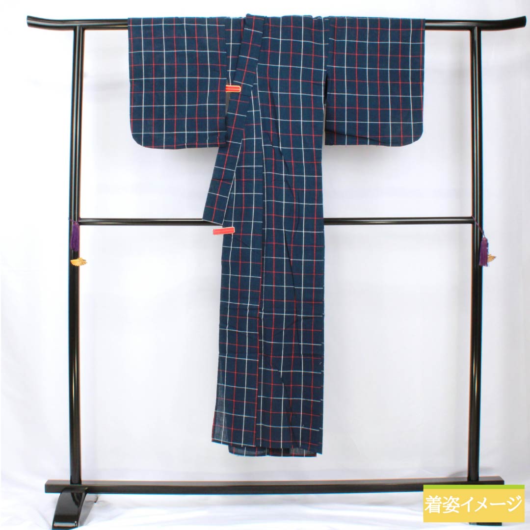 Cotton Yukata, Length 142cm, Sleeve Length 63cm, Rank B, Single Layer, Navy Blue, Shijira Weave, Red and White Check Pattern, 1118005834118