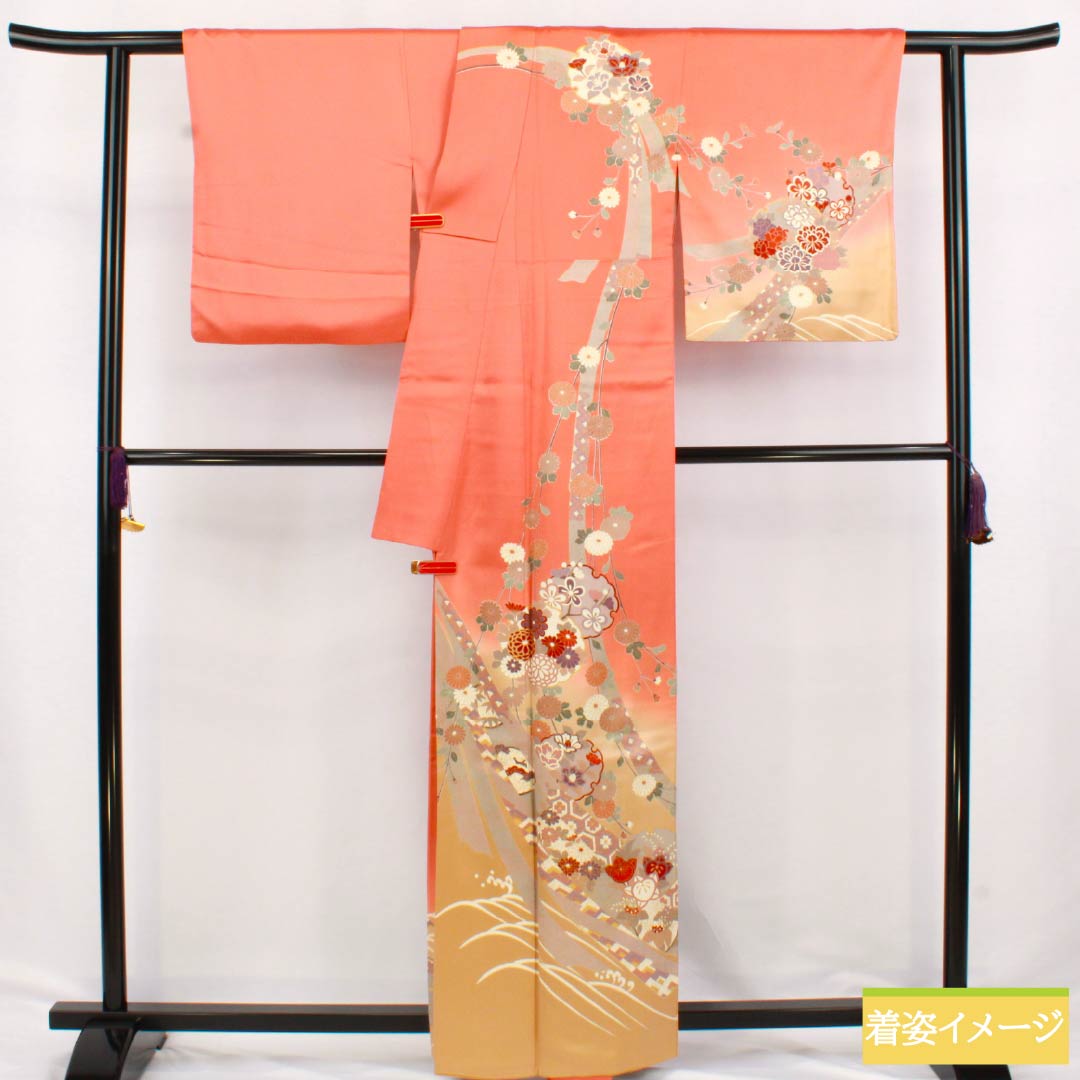 Visiting Kimono, Pure Silk, Grade A, Lined, Length 160.5cm, Sleeve Length 65.5cm, Pomegranate Red (Ryuhuahon-iro) Design, Kyoto Yuzen Pattern, Snow Circle, Chrysanthemum, Tachibana, Sayagata Pattern, Pink, Item Number: 1112006233413