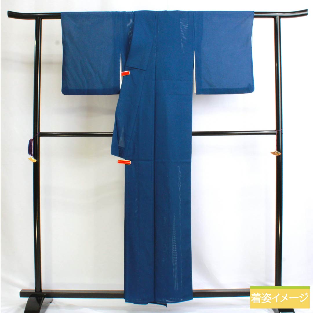 Summer kimono, polyester, plain color, S rank, length 158.5cm, sleeve length 62.5cm, navy blue (konjo-iro) color, washable, with a false under-kimono undergarment and blue-toned silk pongee. Product number: 1132002892317