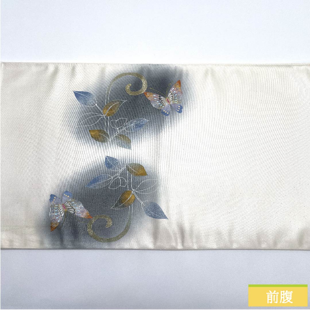 【未仕立】袋帯 正絹 Aランク 胡粉色（ごふんいろ） 蝶    帯丈438cm ポイント柄 セミフォーマル 白系 1123011253311