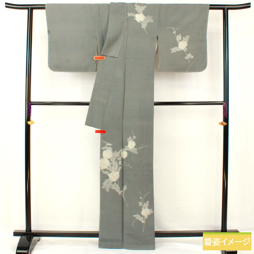 訪問着 正絹 袷 身丈163.5cm 裄丈63.5cm 青鈍色（あおにびいろ） 紫陽花 部分絞り Aランク グレー系 1112005353422