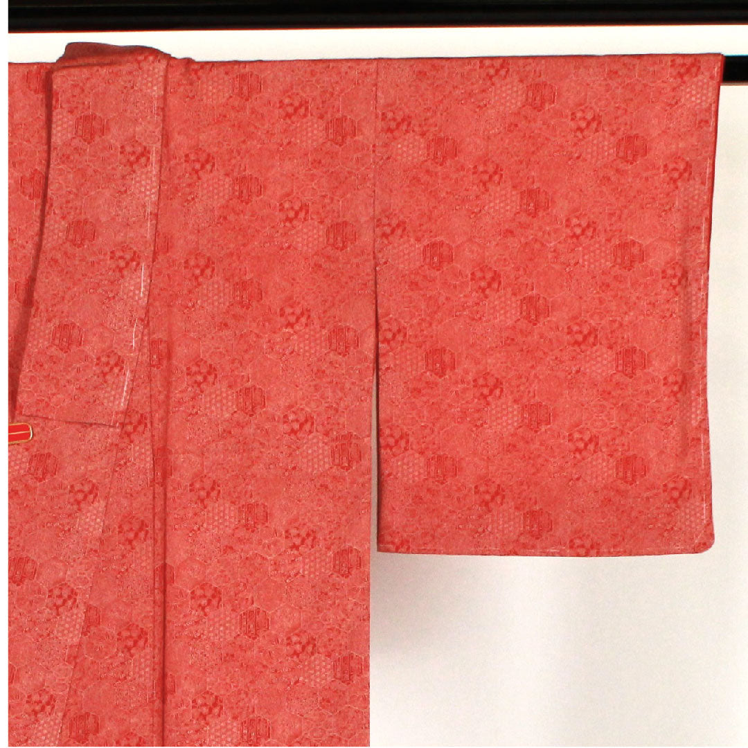Komon, Length 164cm, Sleeve length 64cm, Awase, Butterfly and peacock feathers, Pure silk, S rank, Vermilion, 1115000572316