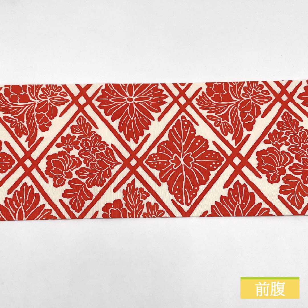 Nagoya obi, stencil dyeing, Bingata-style pattern, connected diamonds, obi length 359cm, pure silk, A rank, full length, casual, white, 1124006573311, Nagoya style