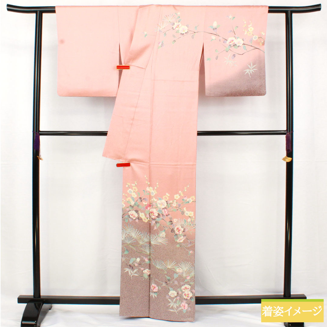 訪問着 正絹 袷 身丈163.5cm 裄丈64.5cm 浅紅色（あさべにいろ） 京友禅 松竹梅 椿 Aランク ピンク系 1112005543413