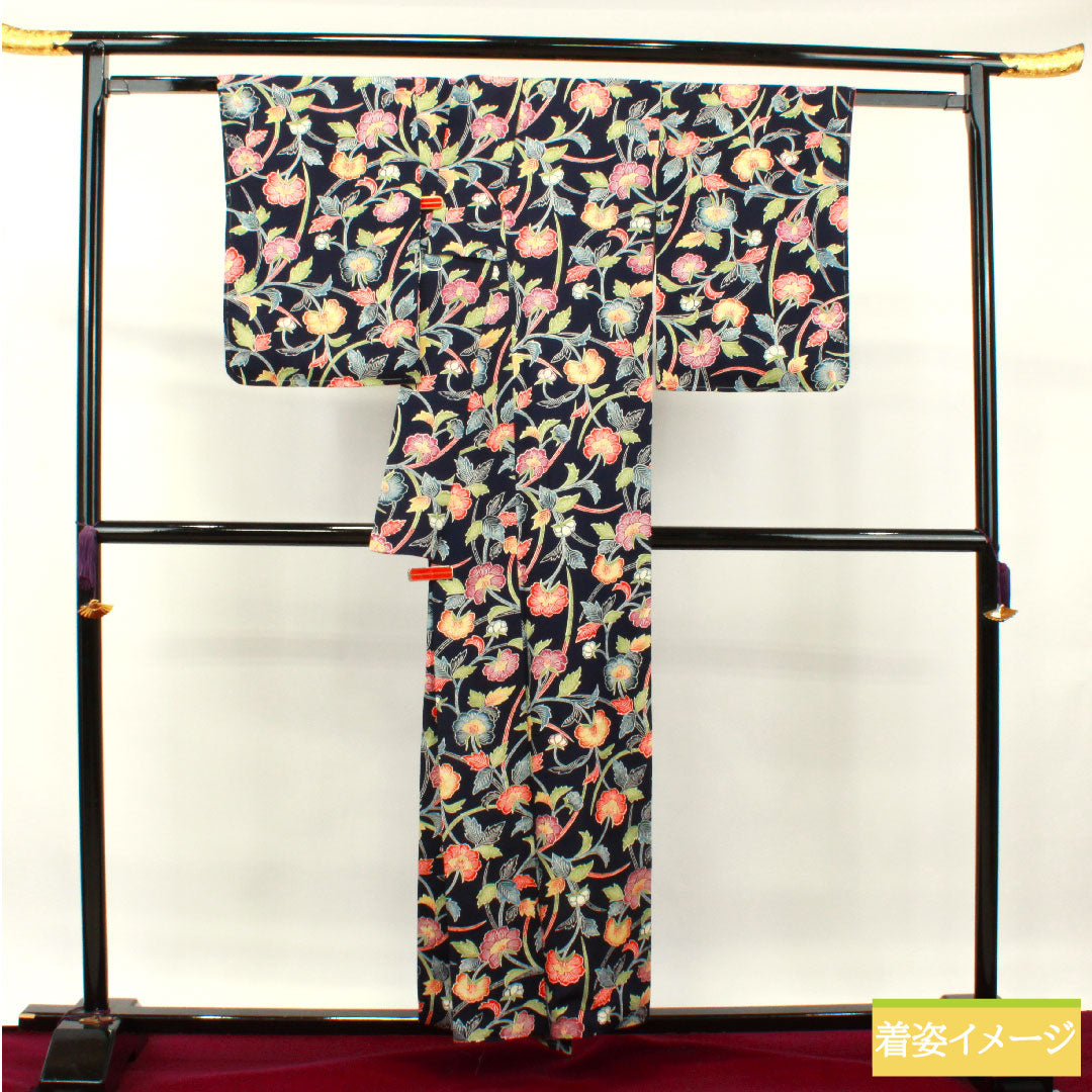 Small pattern, pure silk, length 155cm, sleeve length 62.5cm, lined, navy blue bellflower color, Kyoto Bingata, floral pattern, rank B, navy blue, 1115003784318