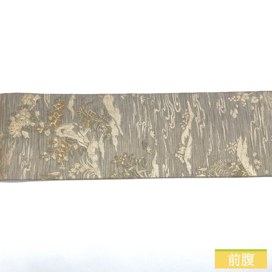 Nagoya Obi, Pure Silk, S-Rank, Landscape and Floral Pattern, Length 367cm, Six-Ply, Semi-Formal, Gray, 1124009562322, Nagoya Style