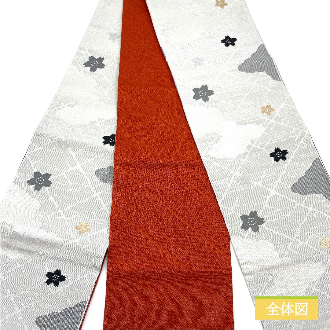 [Unfinished] Reversible obi, polyester, S rank, usuzumi-iro (light gray), clouds, cherry blossoms, classic pattern, floral pattern, monotone, obi length 344cm, gray tones 1125001122322