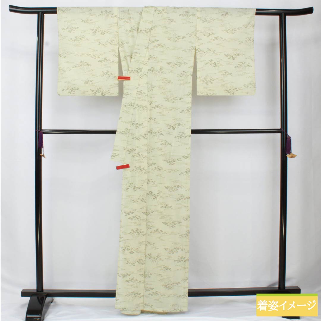 Tsumugi (pongee) polyester, S rank, length 163.5cm, sleeve length 63.5cm, white lily color (shirayuriiro), bamboo design, flowing water pattern, washable, single-layer kimono, white, product number 1116004082411