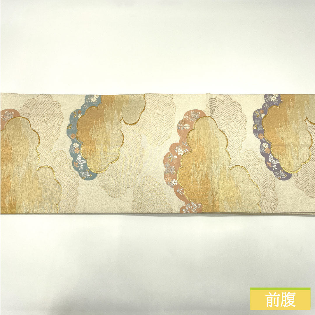 Fukuro obi, pure silk, A rank, Nishijin-ori, cloud patterns, small flowers, obi length 428cm, rokkutsu, formal, silver tones, 1123017233322