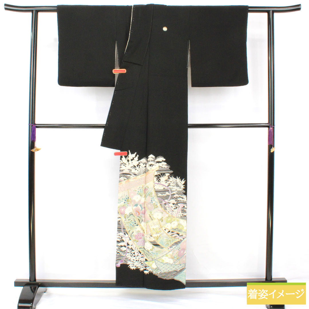 黒留袖 正絹 身丈154cm 裄丈61.5cm 袷 京友禅 松竹梅 几帳 五つ紋 丸に蔦 Aランク 黒系 1111001653210