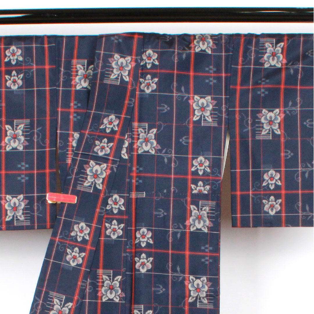 Murayama Oshima Length 160cm Sleeve length 64.5cm Ensemble Lattice Flower pattern Pure silk S rank Awase Navy 1116001932418