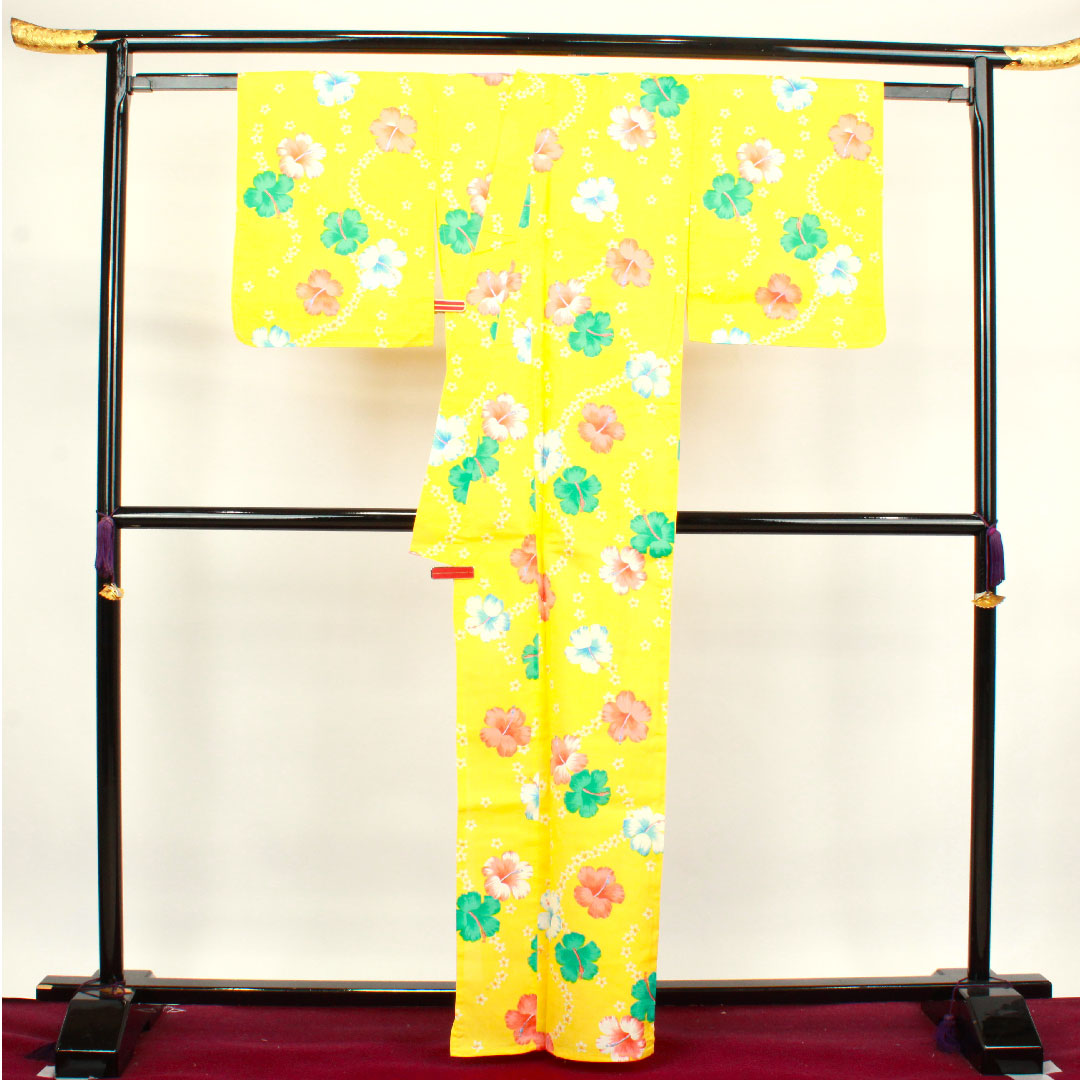 Yukata with basting thread, unused, sunflower color, hibiscus, cotton, S rank, single layer, length 164cm, sleeve length 64.5cm, yellow, 1118002732423